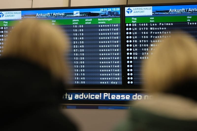 Eine Anzeigetafel im Flughafen Leipzig-Halle zeigt überwiegend stornierte Flüge an.