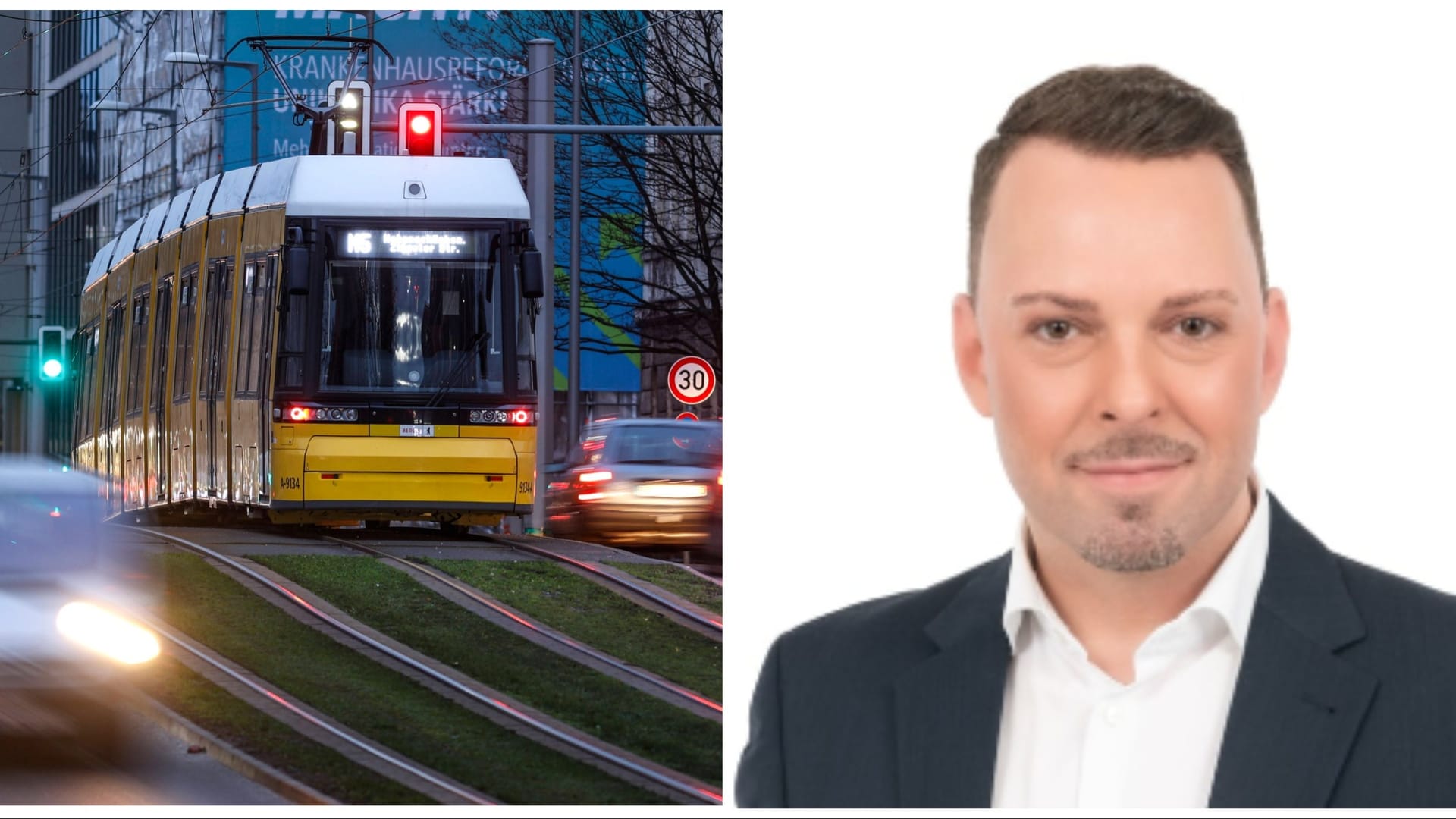 "Schlager Radio"-Redaktionsleiter Harry Perlinger und eine Berliner Tram (Montage): Er berichtet von einem Angriff.