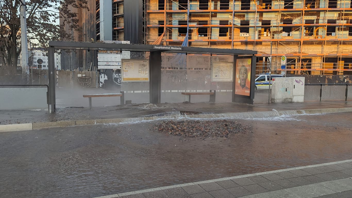 Wasserrohrbruch in Leipzig: Sehr viel Wasser ist auf die Straße geflossen.