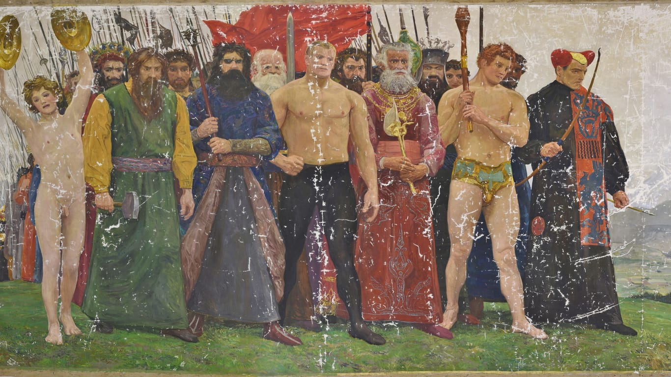 Das Gemälde "Auf zum Kampf" während der Restaurierungsarbeiten, im gekitteten Zustand: Typisch für den Künstler Sascha Schneider ist auch dieses vom Streben nach idealer Schönheit geprägt.