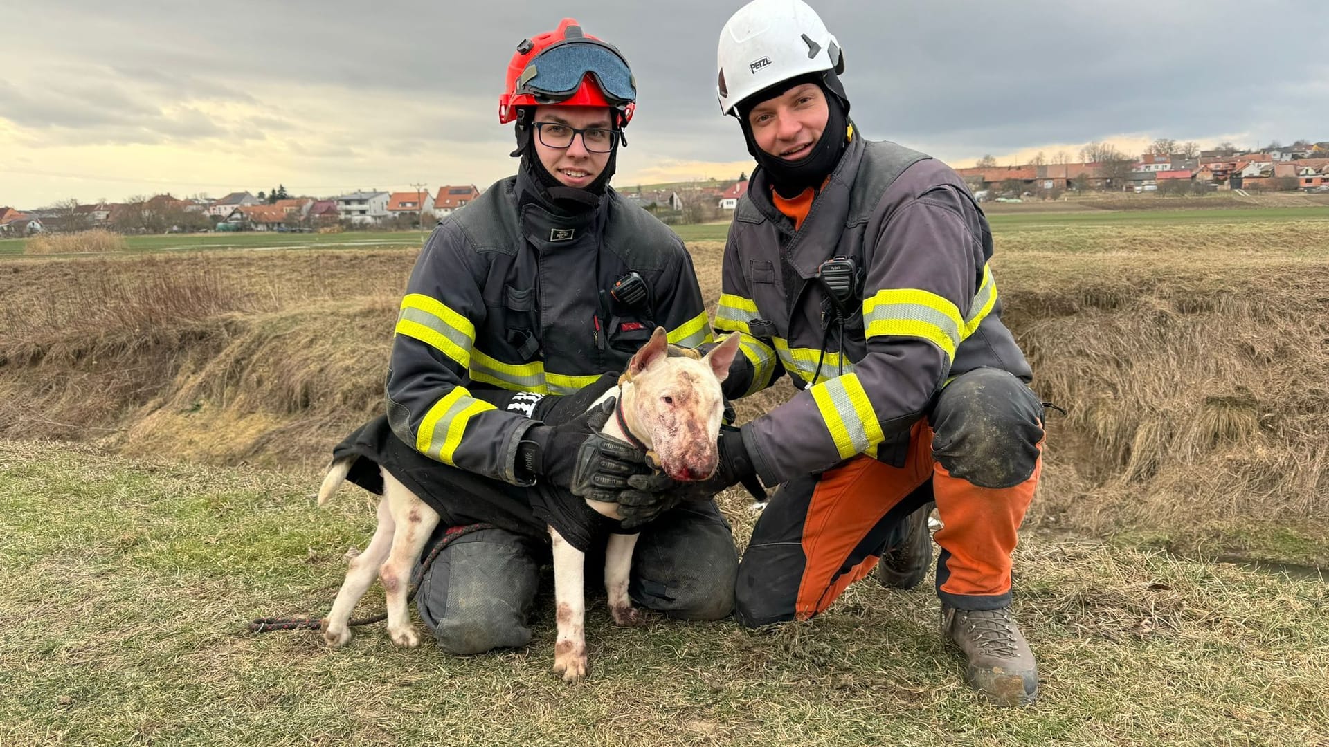 Zwei Feuerwehrleute aus der Region Südmähren mit einem Terrier in den Händen: Dieser wurde von Nutrias attackiert, nachdem er in ihr Bau geschlüpft war.