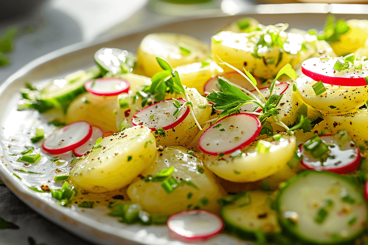 Veganer Kartoffelsalat mit Gurken und Radieschen