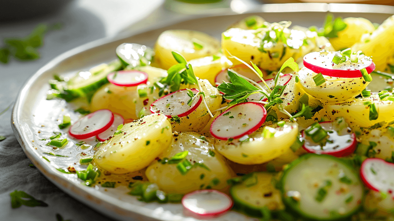 Veganer Kartoffelsalat mit Gurken und Radieschen