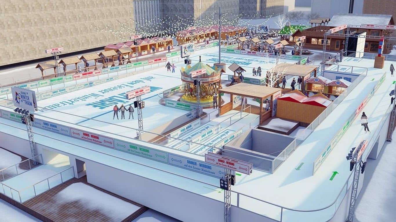Auf dem Kennedyplatz in Essen wird bald eine zweistöckige Eislaufbahn stehen. Eine Animation zeigt, wie sie aussehen wird.