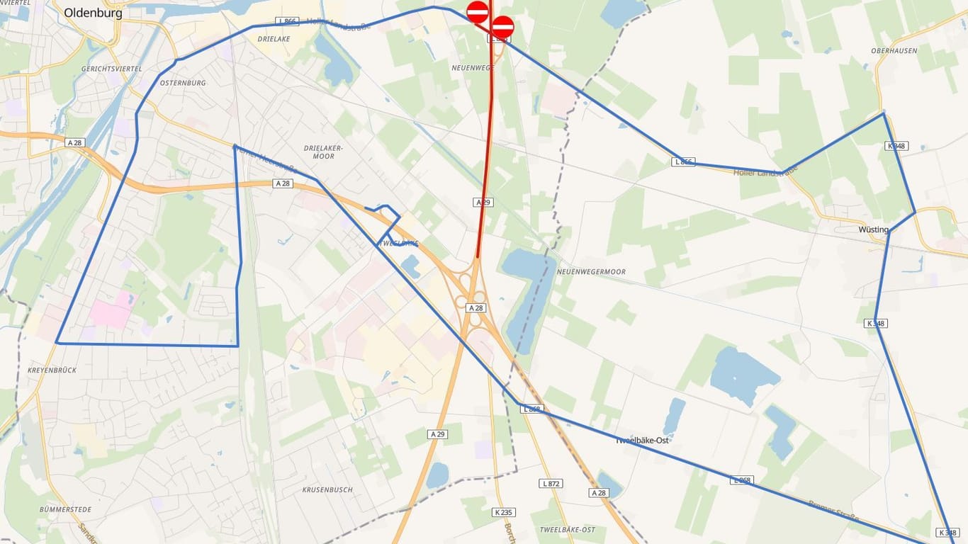 Visualisierung der empfohlenen Umleitung über die Holler Landstraße: Autofahrer müssen einen großen Bogen fahren, um die Vollsperrung zu umgehen.