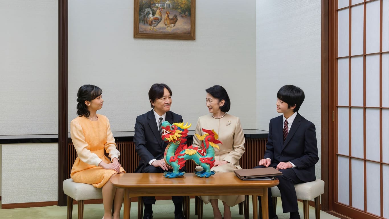 Kronprinzessin Kiko (2.v.r.) mit ihrem Ehemann Kronprinz Akishino und den beiden Kindern auf dem offiziellen Neujahrsfoto.