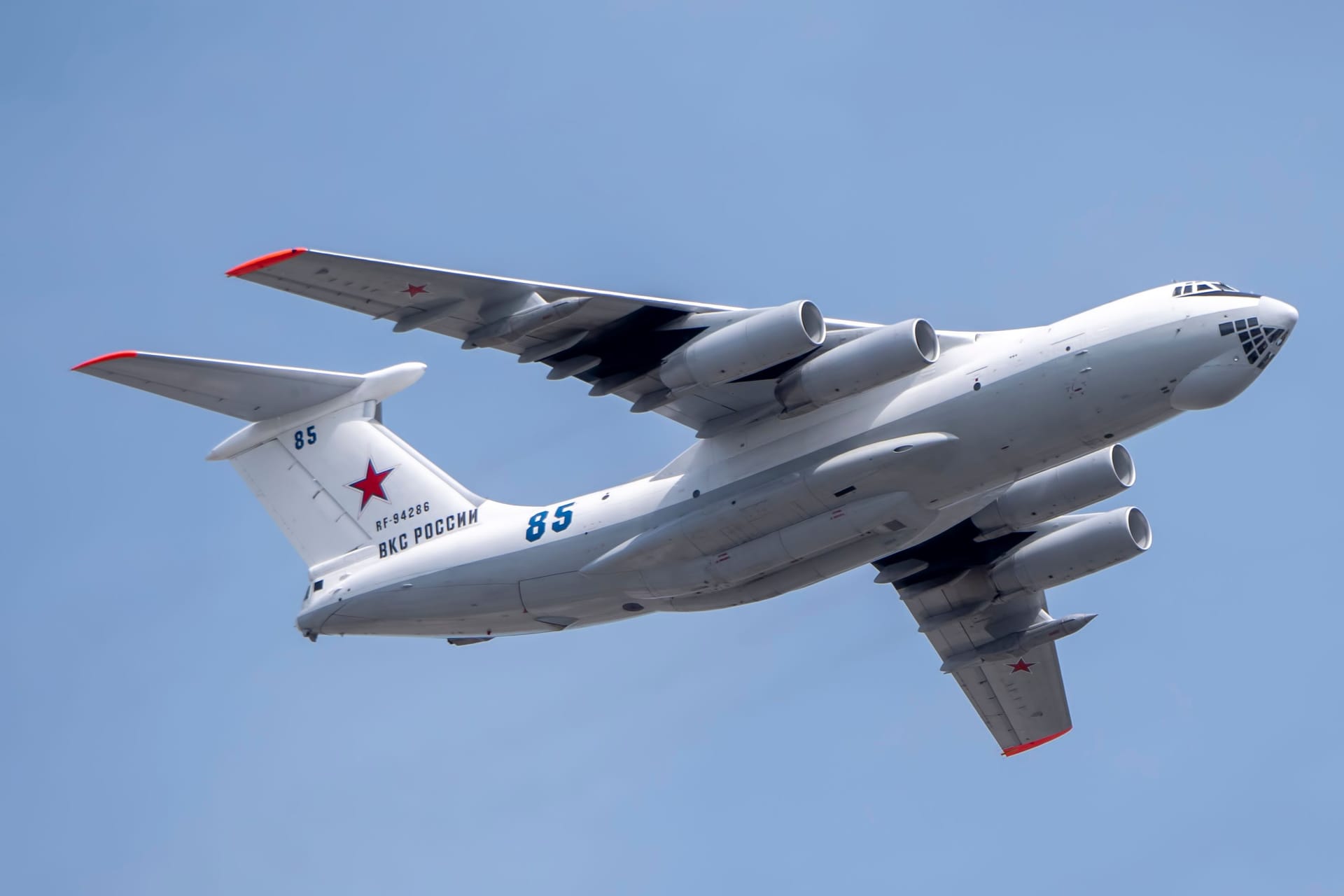 MOSCOW, RUSSIA - MAY 7, 2021: Avia parade in Moscow. Ilyushin Il-76 multi-purpose four-engined strategic airlifters fly in the sky on parade of Victory in World War II in Moscow, Russia