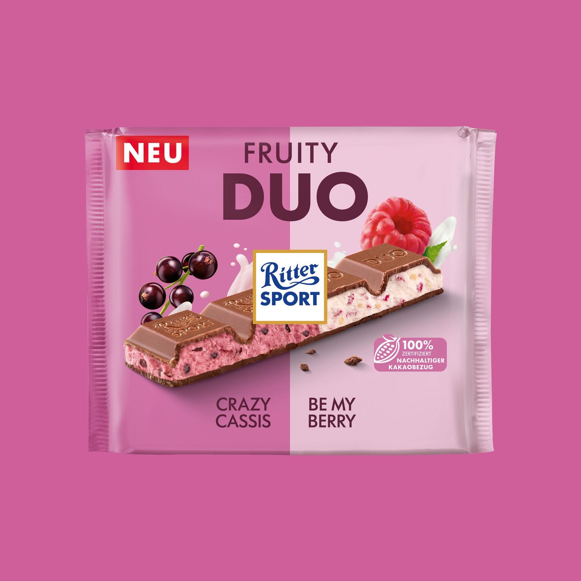 Die neue Großtafel: Fruity Duo von Ritter vereint zwei Fruchtschokoladen-Kreationen in einem Quadrat.