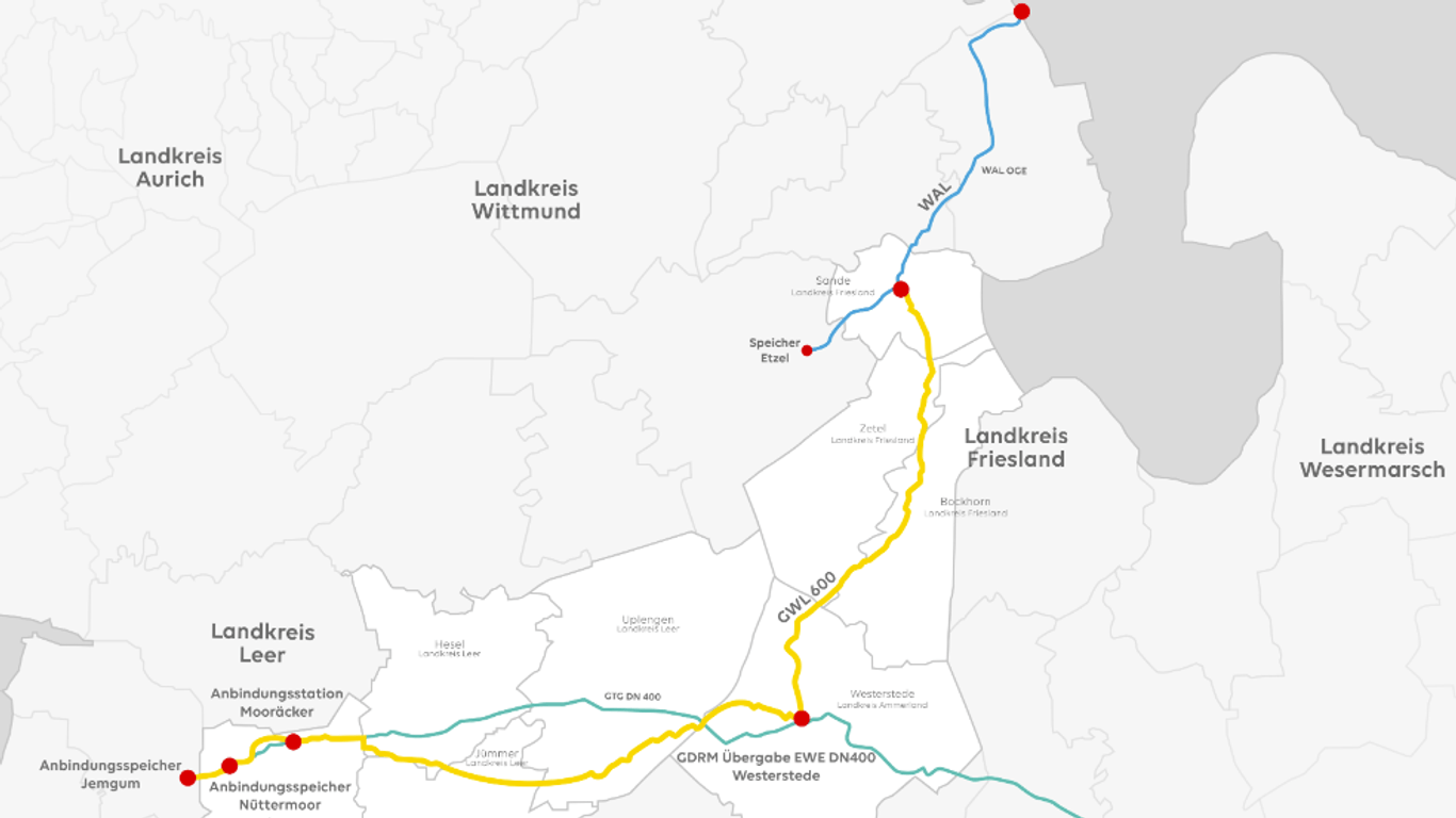 Die Karte zeigt die Anbindungsleitung von Wilhelmshaven im Norden, an die die Pipeline bei Etzel angeschlossen wurde. Die Pipeline führt 70 Kilometer bis nach Jemgum weiter im Westen.