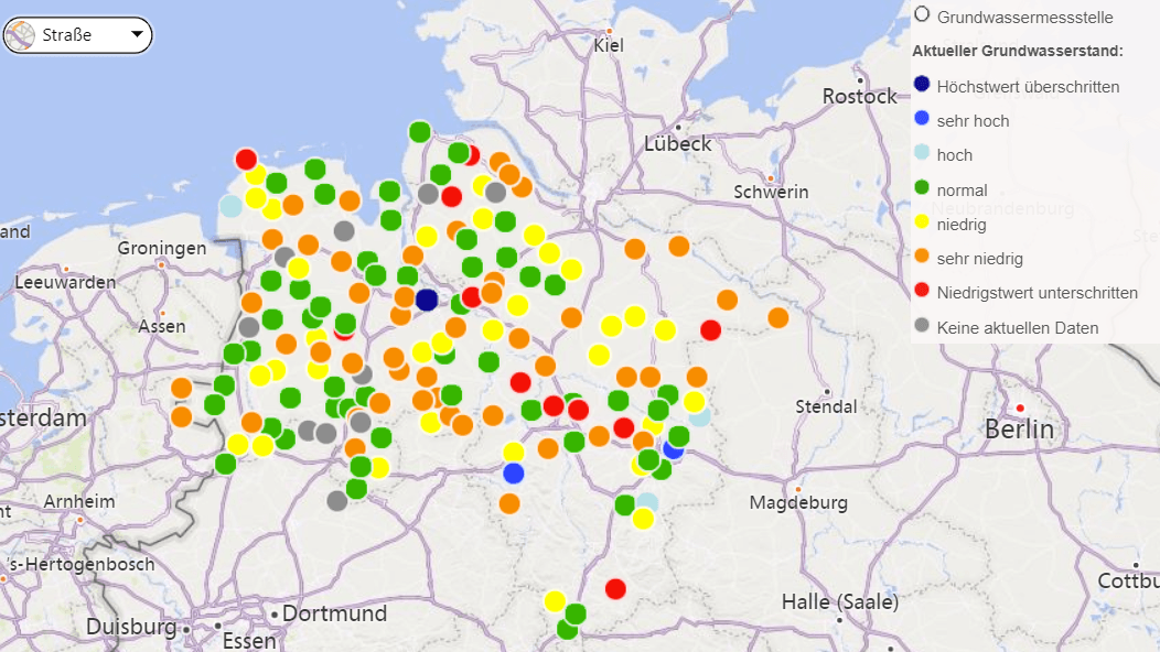 Visualisierung vom Juli 2023: An vielen Messstellen im Nordwesten waren zu diesem Zeitpunkt kritische Grundwasserstände erreicht.