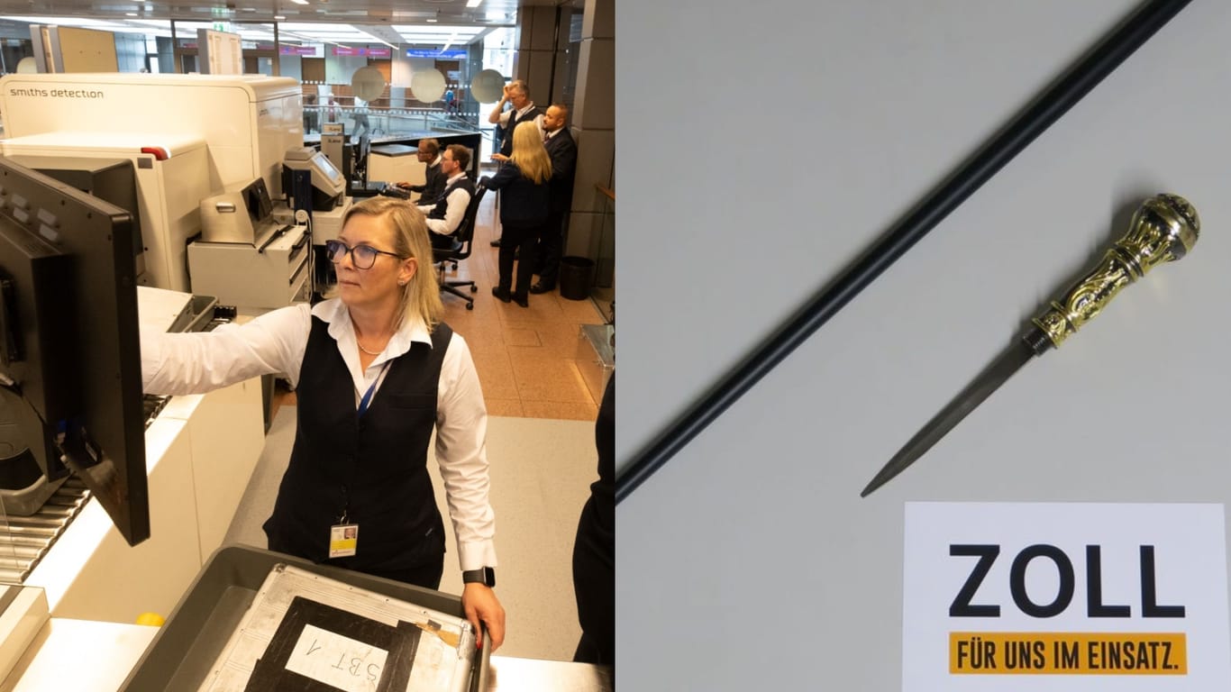Sicherheitspersonal (l) kontrolliert am Flughafen (Symbolbild): Am Nürnberger Flughafen haben Zöllner diesen Gegenstand (r) entdeckt – eine gefährliche Waffe.