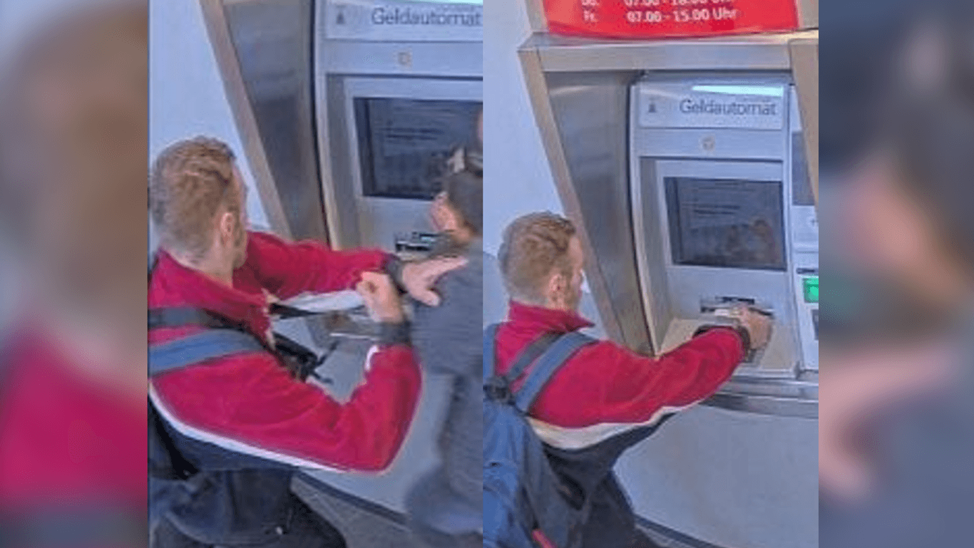 Die Überwachungskamera zeigt den Täter beim Wegstoßen des 53-jährigen Duisburgers an einem Geldautomaten Porscheplatz in Essen.