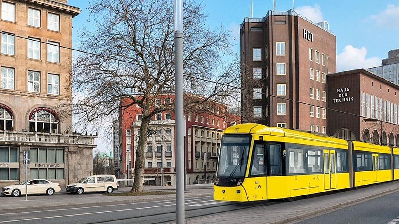 Eine Animation zeigt, wie die neue Citybahn nach ihrer Fertigstellung aussehen soll. Seit Dezember laufen die Bauarbeiten für die oberirdische Straßenbahntrasse in Essen.