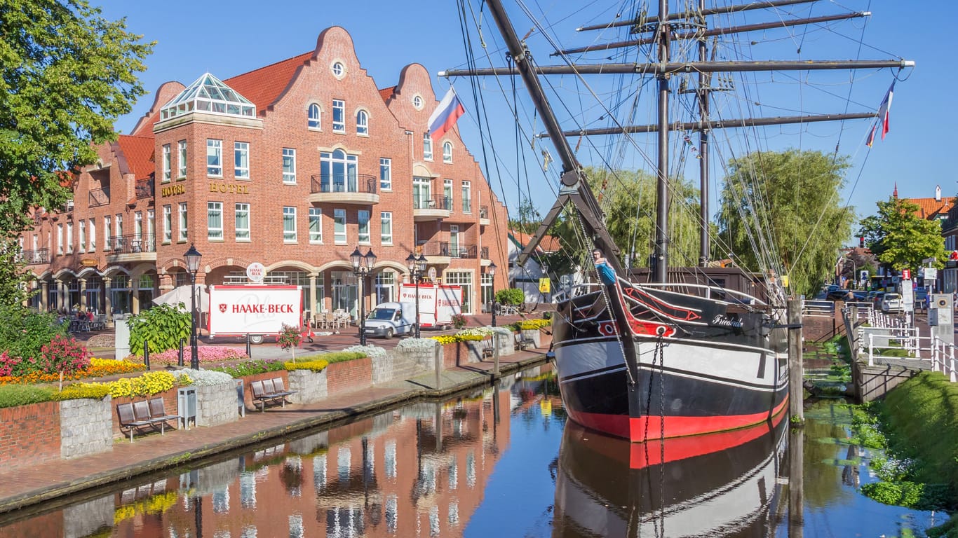Historical ship in a canal in Papenburg