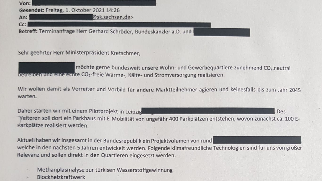Auszug der E-Mails an Kretschmer: Das Treffen drehte sich, wie Schröders Engagement in Mecklenburg-Vorpommern, um Wasserstoff.