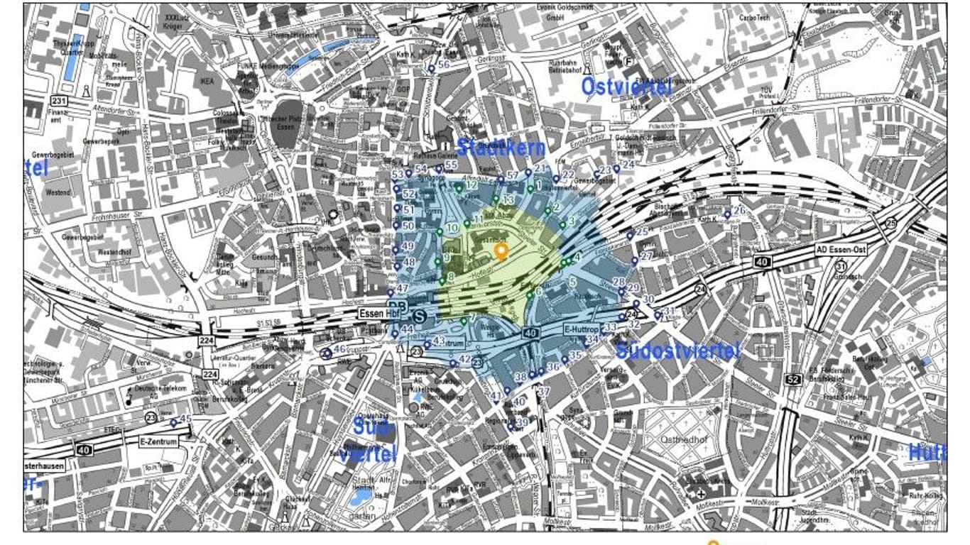 Lageplan der Stadt Essen zum Bombenfund an der Hollestraße am 21. Februar 2024.