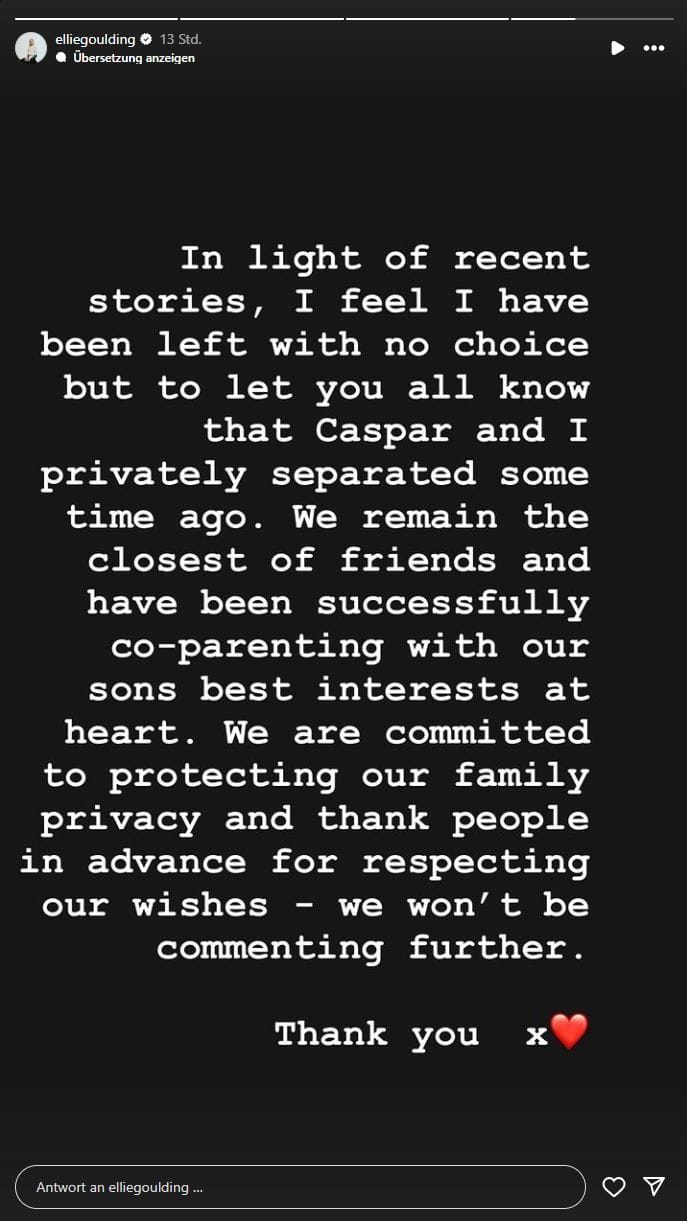 Ellie Goulding gibt auf Instagram die Trennung von ihrem Ehemann bekannt.