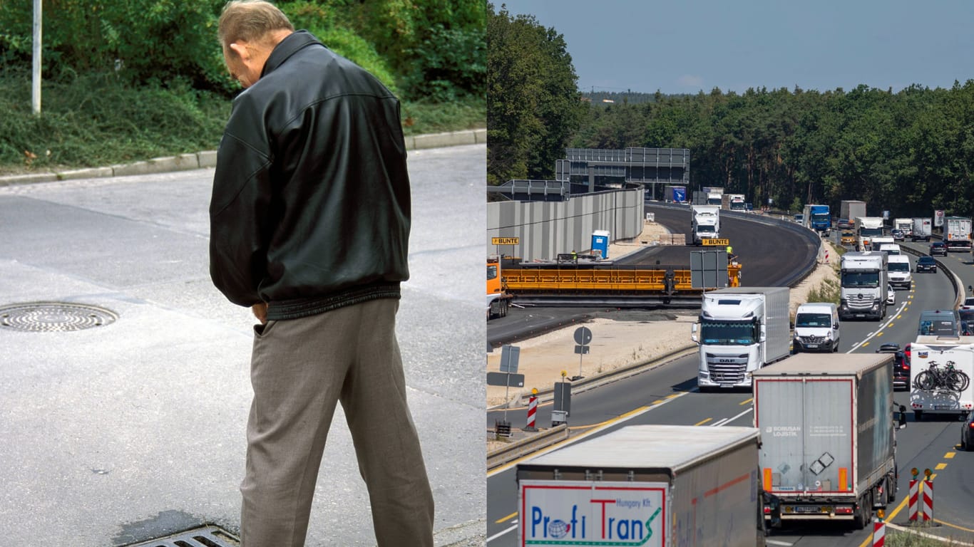 Ein Mann pinkelt auf eine Straße (l): Ein Lastwagenfahrer soll seinen Sattelzug auf der rechten Fahrspur A3 (r) geparkt haben, um dort seine Notdurft zu verrichten.