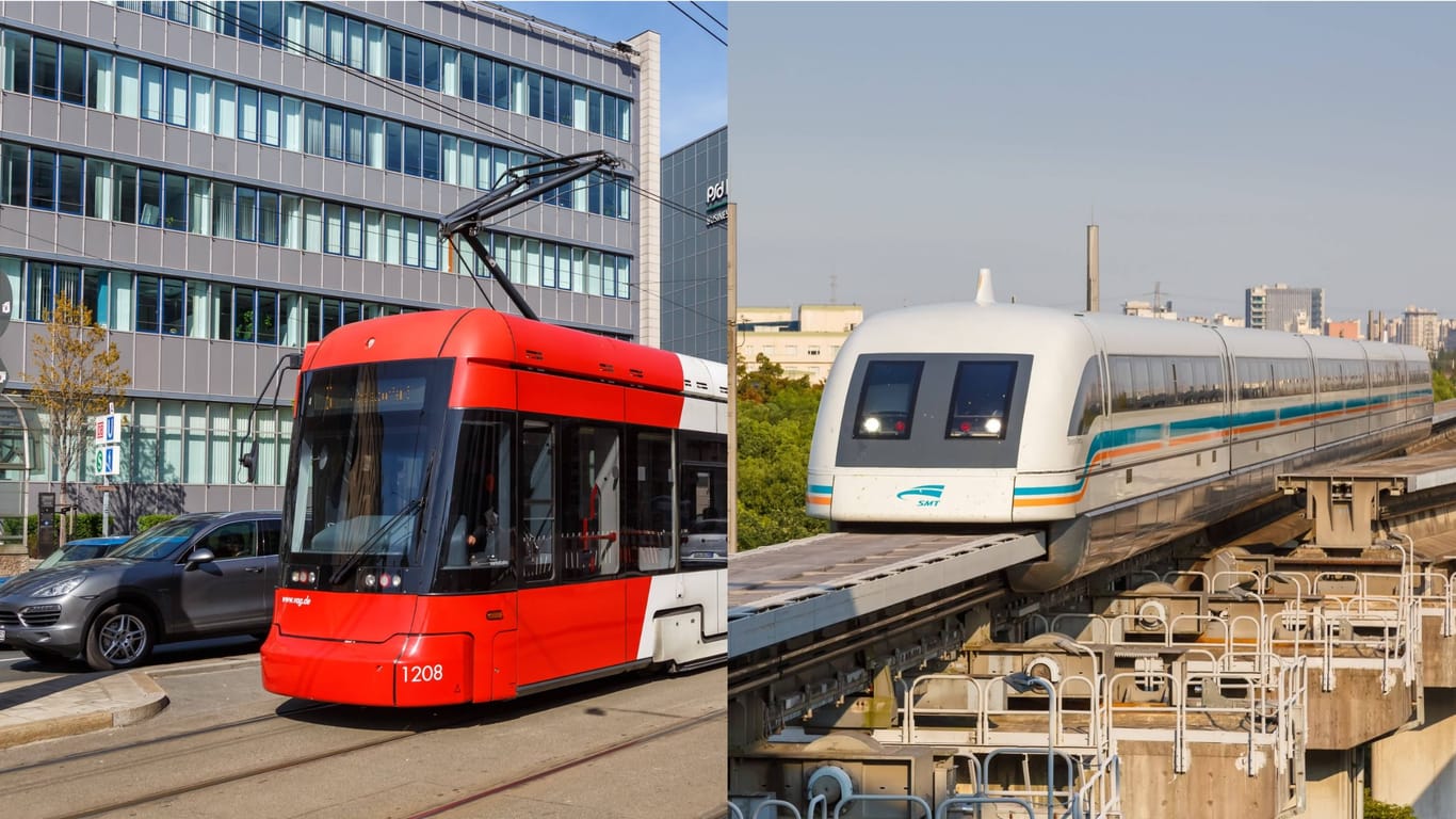 Eine Tram in Nürnberg (l) und eine Mangetbahn in Shanghai (r): Die Frage, welches von beiden Verkehrsmitteln bald durch den Nürnberger Süden fährt, beschäftigt auch Nürnbergs Baureferent.