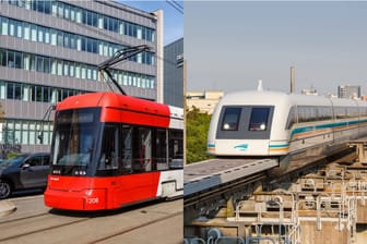 Eine Tram in Nürnberg (l) und eine Mangetbahn in Shanghai (r): Die Frage, welches von beiden Verkehrsmitteln bald durch den Nürnberger Süden fährt, beschäftigt auch Nürnbergs Baureferent.