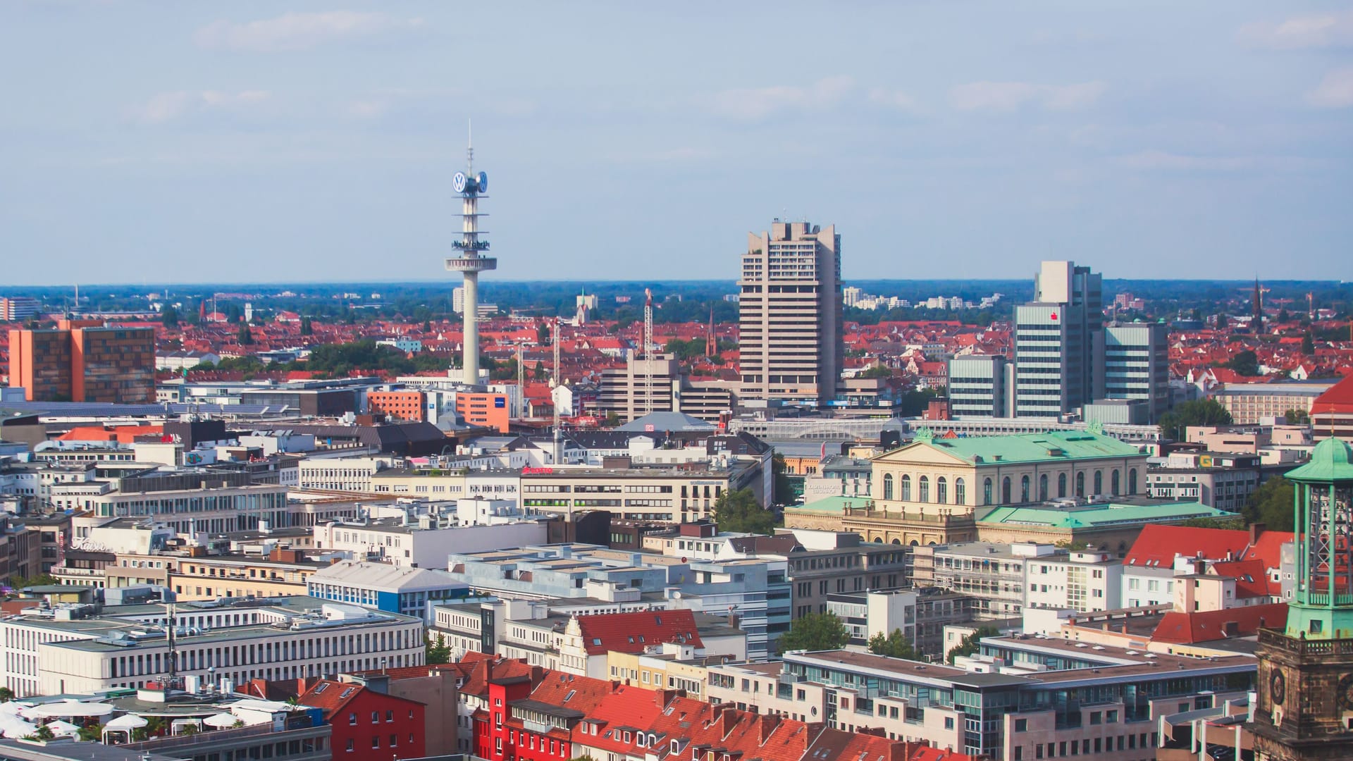 Beautiful super wide-angle summer aerial view of Hannover, Germany, Lower Saxony, seen from observation deck of New Town Hall, Hanover