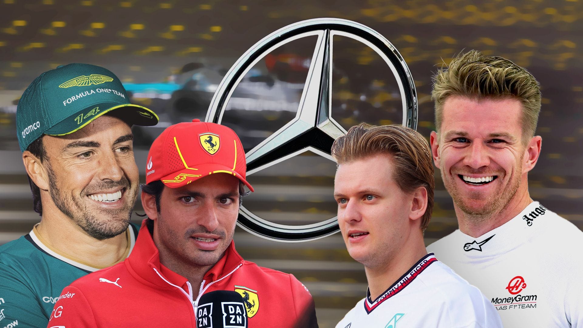 Fernando Alonso, Carlos Sainz, Mick Schumacher und Nico Hülkenberg (v.l.n.r.) vor dem Mercedes-Logo: Ersetzt einer von ihnen Lewis Hamilton?