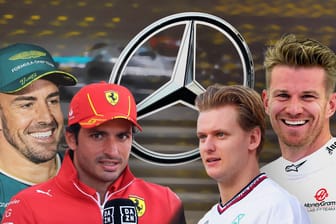 Fernando Alonso, Carlos Sainz, Mick Schumacher und Nico Hülkenberg (v.l.n.r.) vor dem Mercedes-Logo: Ersetzt einer von ihnen Lewis Hamilton?