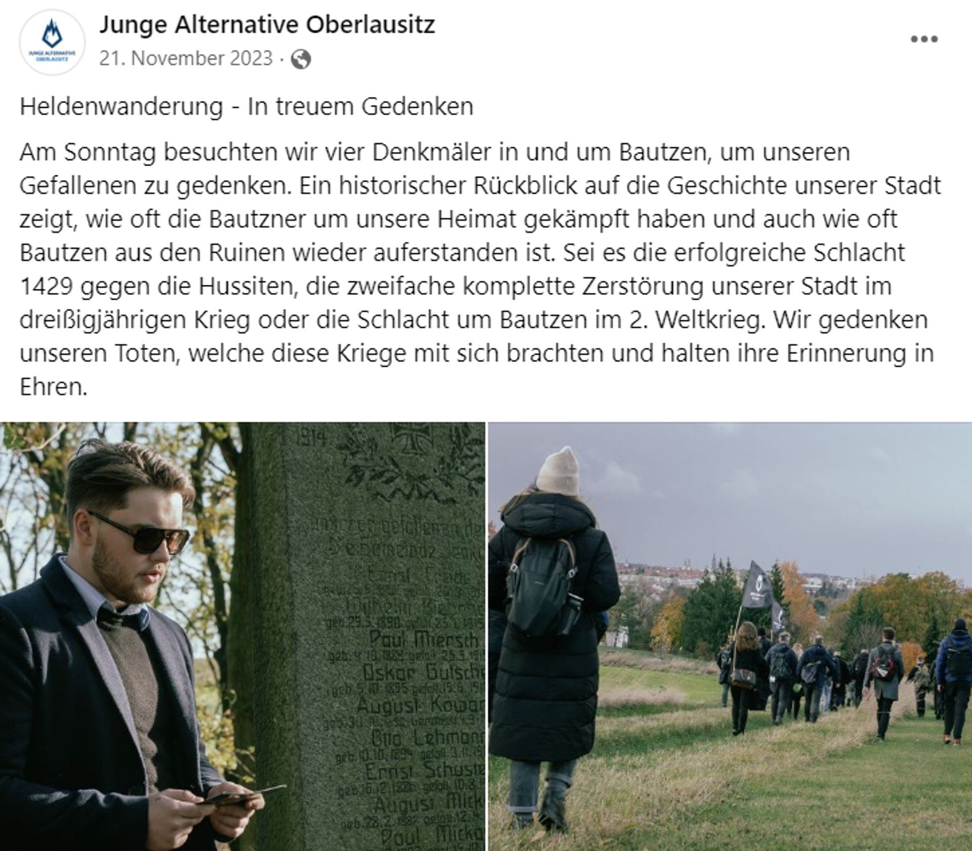 Facebook-Beitrag der örtlichen AfD-Jugend zur "Heldenwanderung": Wehrmachtssoldaten, die von den Nazis in den Tod geschickt wurden, gelten der Jungen Alternative als Männer, die "um unsere Heimat gekämpft haben".