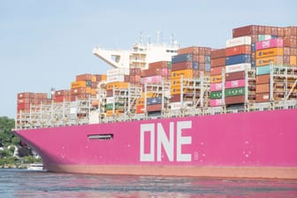 Containerschiff von ONE läuft in den Hamburger Hafen ein (Symbolbild): Mehrere pinke Riesen machen in diesem Monat in der Hansestadt fest.