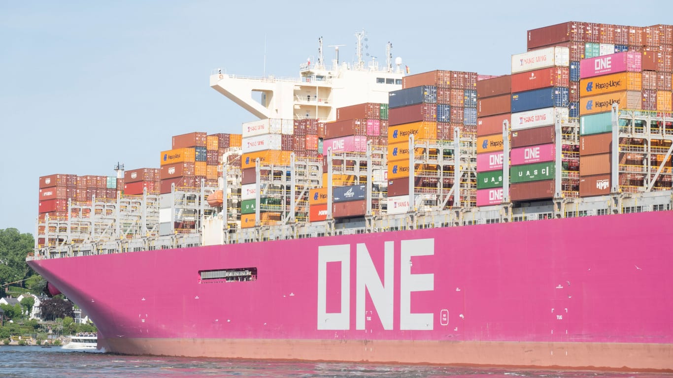 Containerschiff von ONE läuft in den Hamburger Hafen ein (Symbolbild): Mehrere pinke Riesen machen in diesem Monat in der Hansestadt fest.