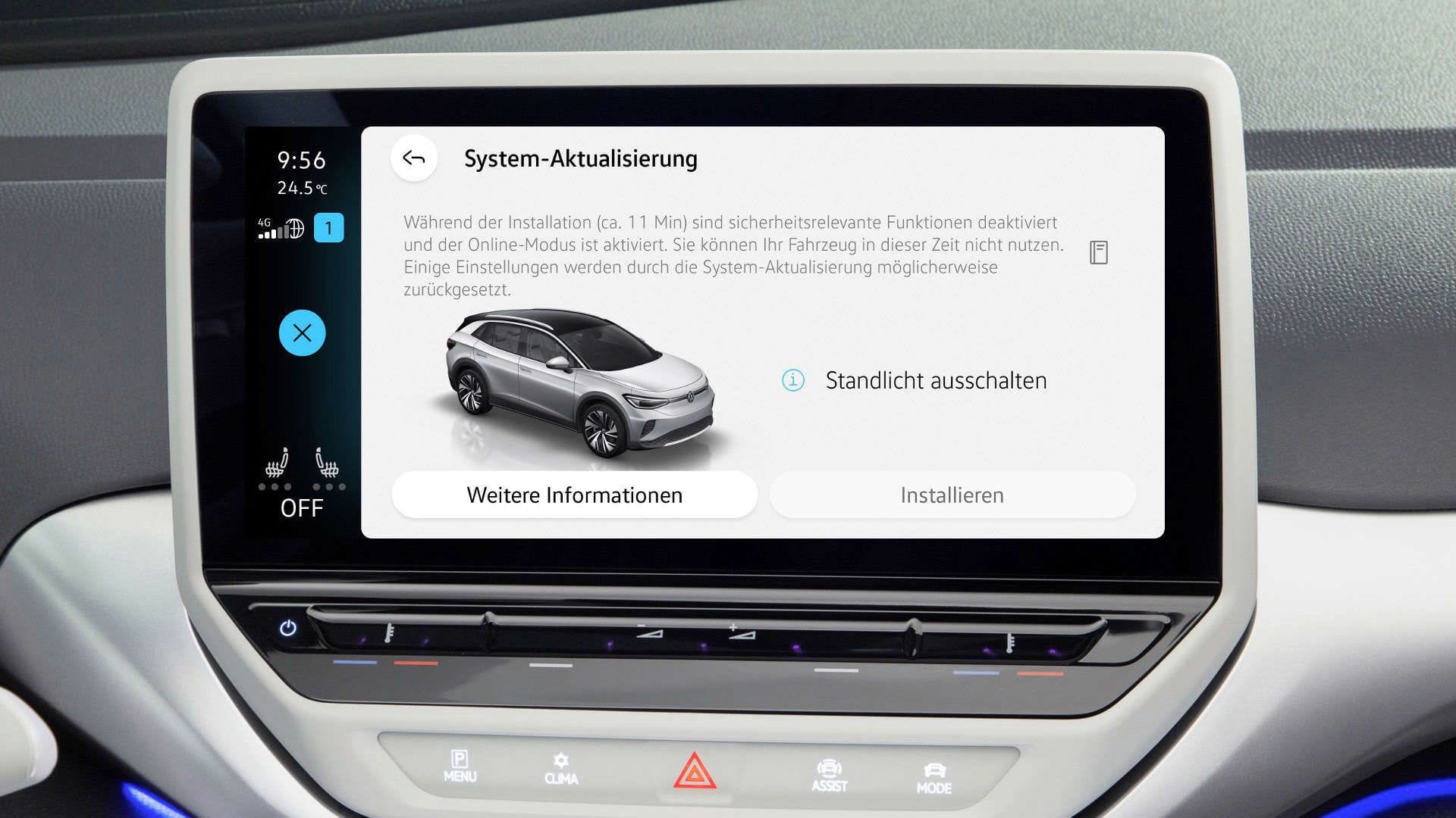 Software-Update im Volkwagen ID.4: Der Prozess wird auf dem Display angezeigt.