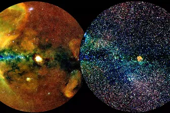 Ein Ausschnitt unseres Himmels: Aufgenommen vom eRosita-Röntgenteleskop, zeigen die Aufnahmen zwei unterschiedliche Darstellungen.