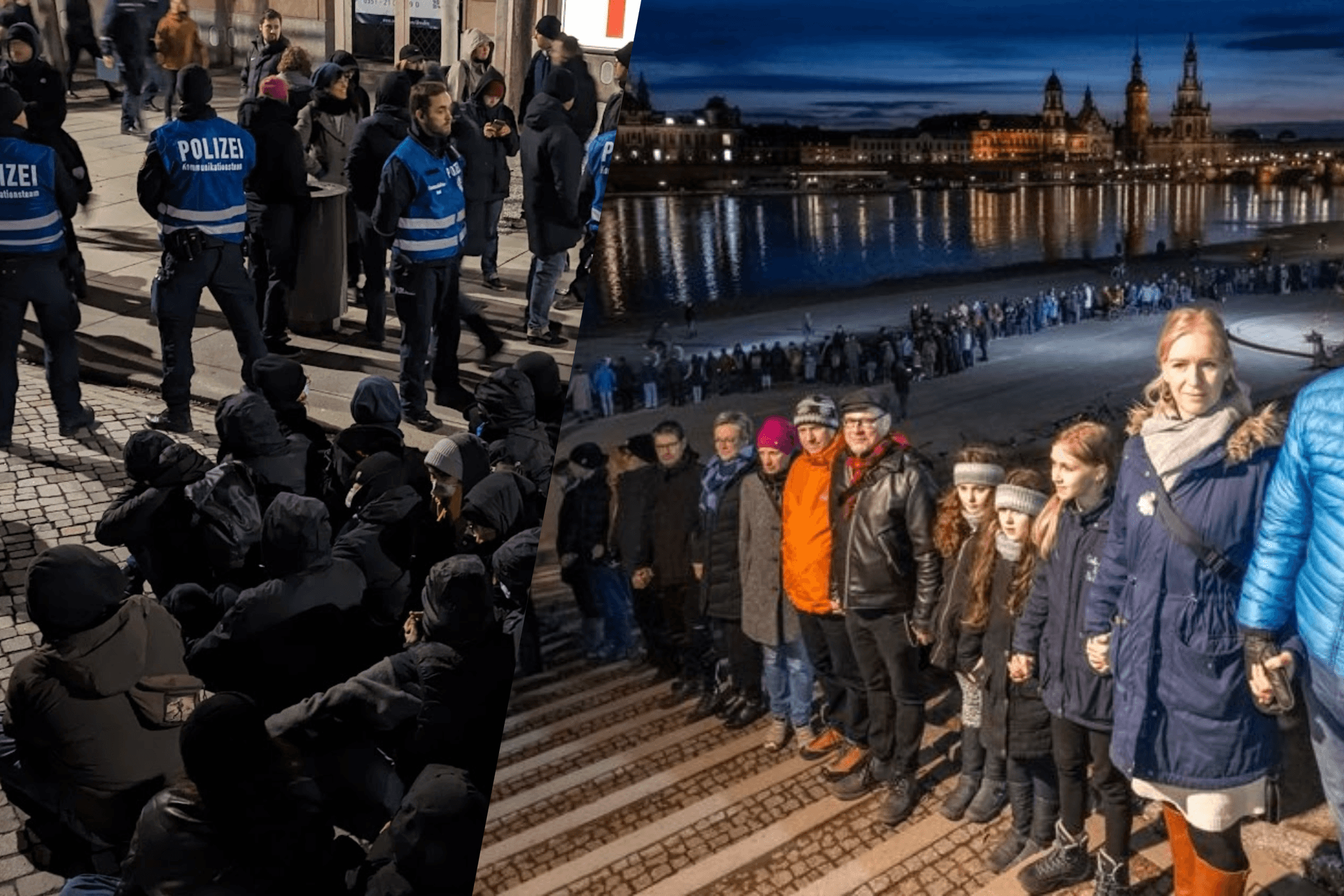 Mehrere tausend Menschen schließen für zehn Minuten eine Menschenkette rund um die Altstadt (rechts), mehre Stunden später kommt es in der Altstadt zu Blockadeaktionen (links).