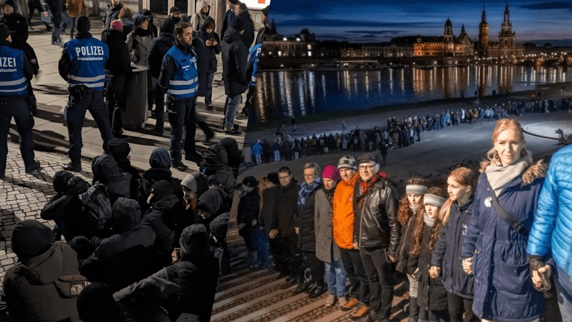 Mehrere tausend Menschen schließen für zehn Minuten eine Menschenkette rund um die Altstadt (rechts), mehre Stunden später kommt es in der Altstadt zu Blockadeaktionen (links).