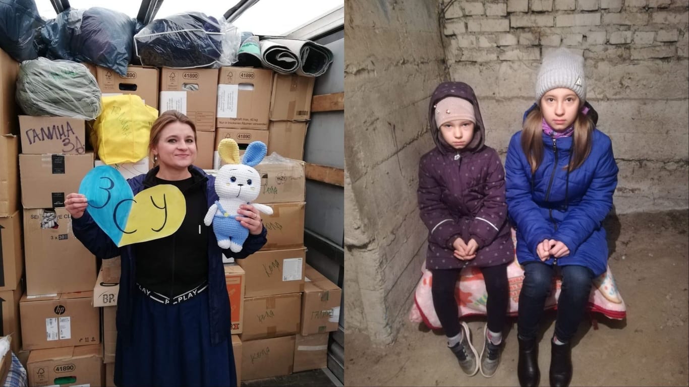 Die ukrainischen Aktivisten Viktoria Levynska (l): Sie organisiert von Deutschland aus Hilfslieferungen für ihre Heimat, einmal ist sie beim Heimatbesuch gemeinsam mit den Nachbarskindern (r) auch schon unter Beschuss geraten.