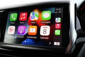 SWINDON, UK - NOVEMBER 8, 2021: In Car Apple Car Play system, Apple Car Play was created and developed by the Apple inc.