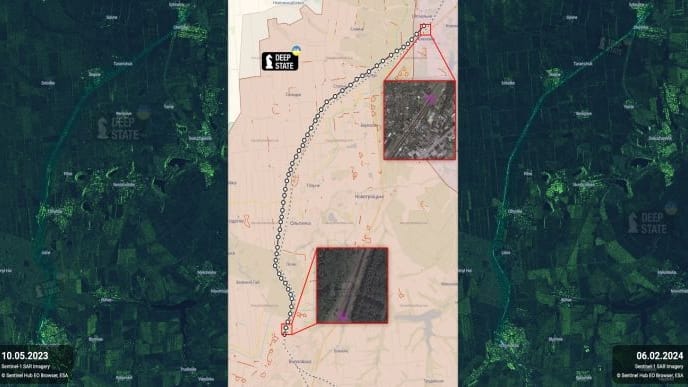 Satellitenbilder des Zarenzugs: Mit 2.100 Wagons haben russische Soldaten einen Verteidigungswall konstruiert, schreibt das ISW.