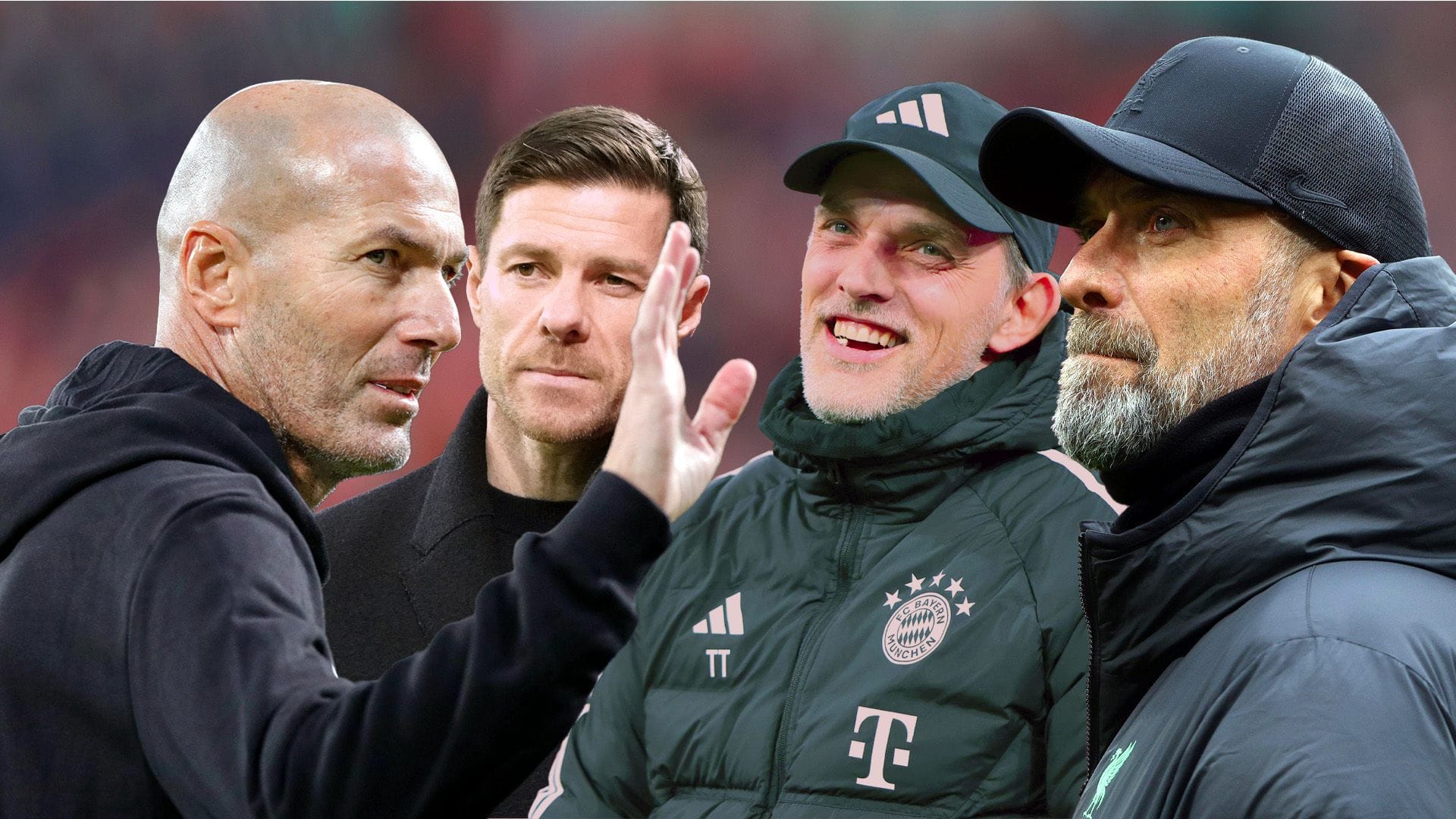 Thomas Tuchel (2.v.r.) muss gehen, ein anderer kommt: Zinédine Zidane (l.), Xabi Alonso (2.v.l.) und Jürgen Klopp (r.) sind Namen, die in Zusammenhang mit den Bayern schon genannt wurden.