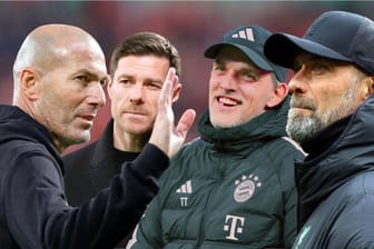 Thomas Tuchel (2.v.r.) muss gehen, ein anderer kommt: Zinédine Zidane (l.), Xabi Alonso (2.v.l.) und Jürgen Klopp (r.) sind Namen, die in Zusammenhang mit den Bayern schon genannt wurden.