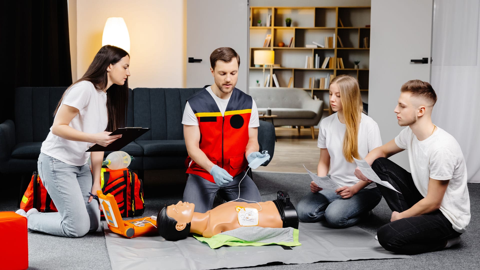 Young man instructor helping to make first aid heart compressions with dummy during the group training indoors