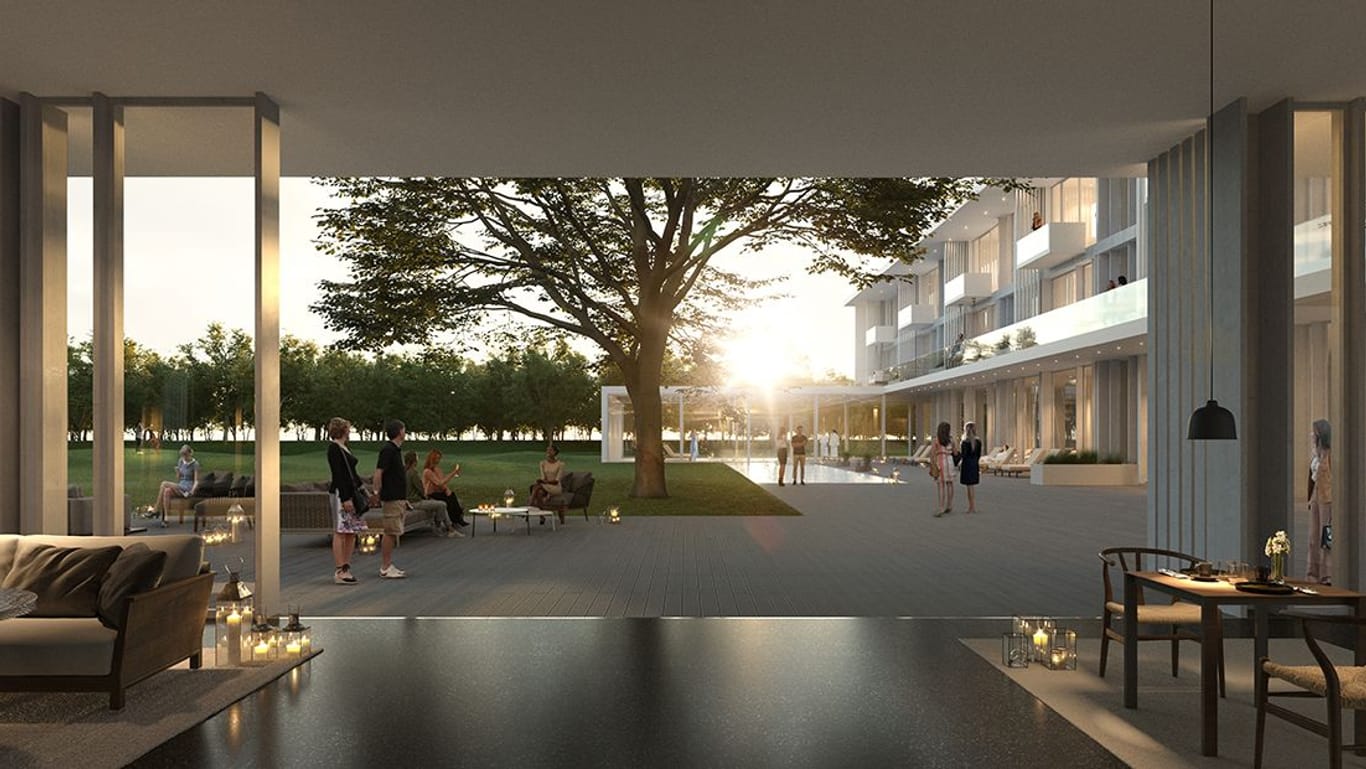 Blick raus aus dem künftigen Hotel: Dort sollen insgesamt 99 Zimmer und Suiten entstehen, im Außenbereich zudem ein Garten mit rund 2.000 Quadratmetern Fläche.