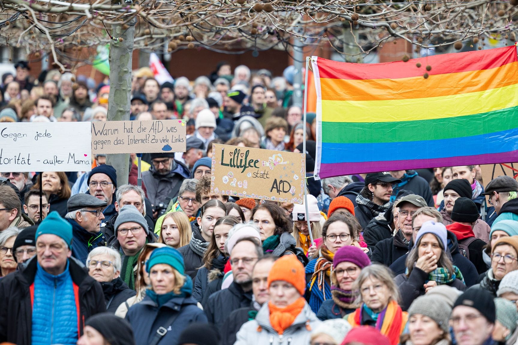 Zahlreiche Menschen nehmen mit Schildern an einer Demonstration auf dem Platz der Göttinger Sieben am Landtag teil.