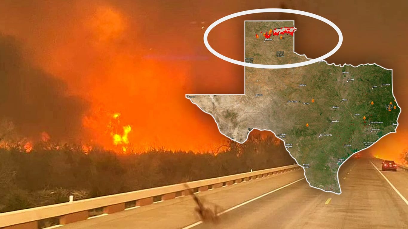 Riesiges Areal: Eine animierte Karte macht deutlich, welch enorme Fläche in Texas derzeit den Flammen zum Opfer fällt.