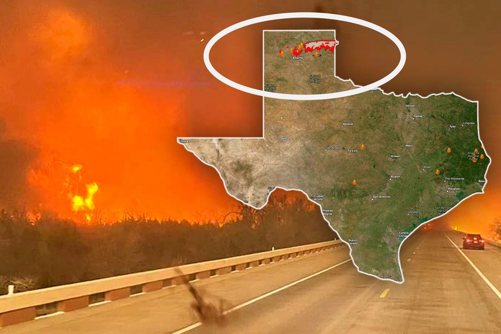 Riesiges Areal: Eine animierte Karte macht deutlich, welch enorme Fläche in Texas derzeit den Flammen zum Opfer fällt.