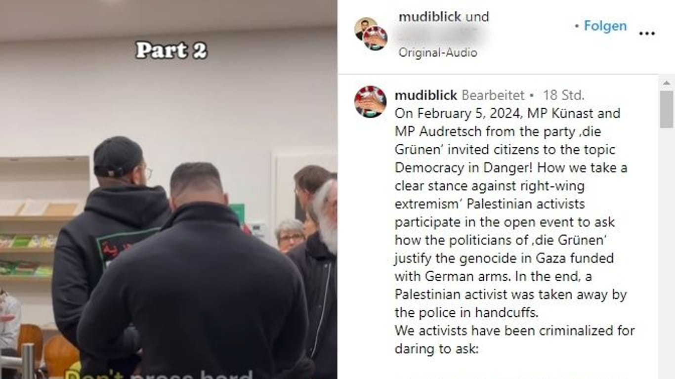 Instagram / mudiblick: Festnahme eines Pro-Palästina-Aktivisten auf einer Veranstaltung der Grünen