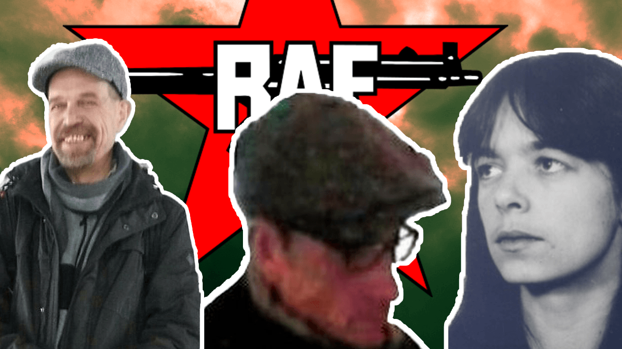 Die drei mutmaßlichen RAF-Terrorristen vor einem RAF-Logo