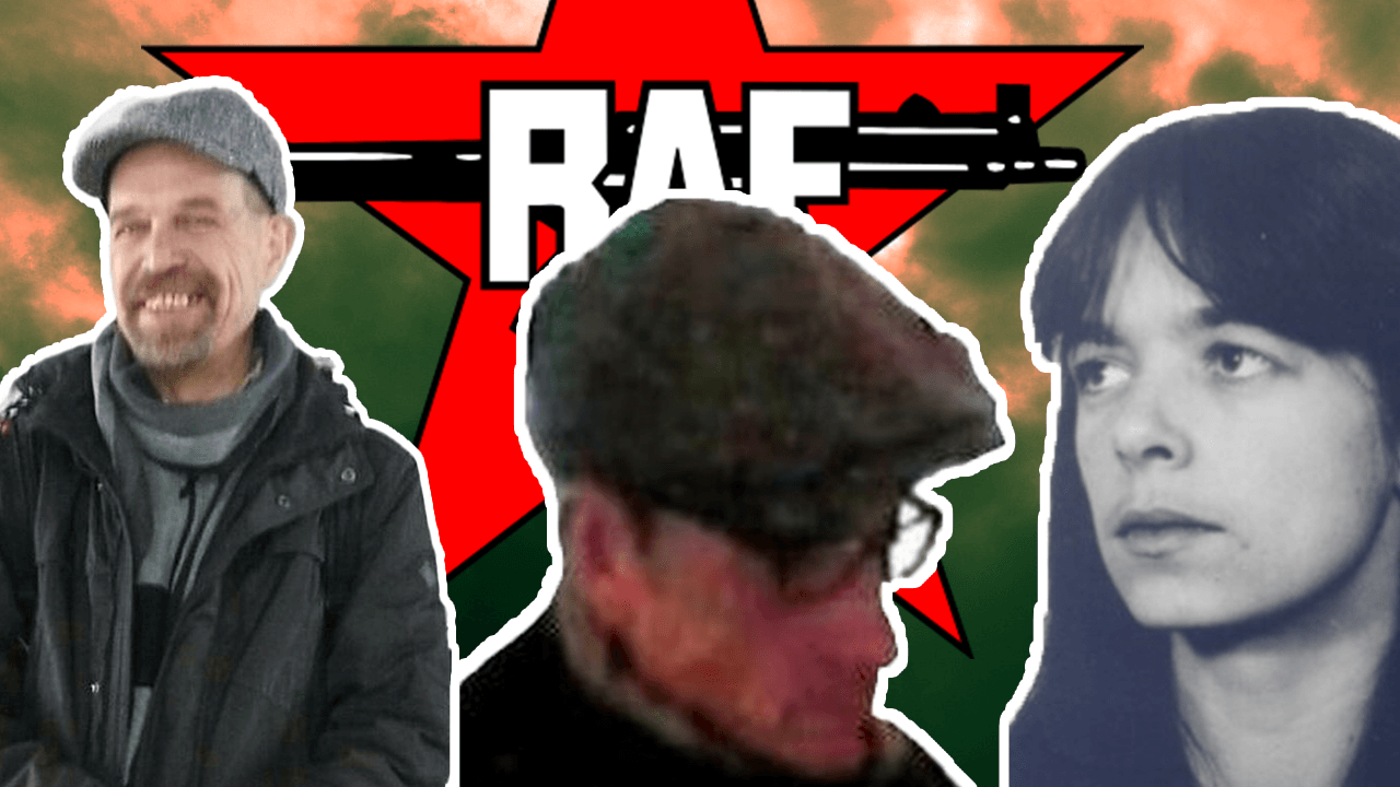 Die drei mutmaßlichen RAF-Terrorristen vor einem RAF-Logo