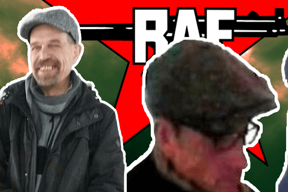 Die drei mutmaßlichen RAF-Terrorristen vor einem RAF-Logo