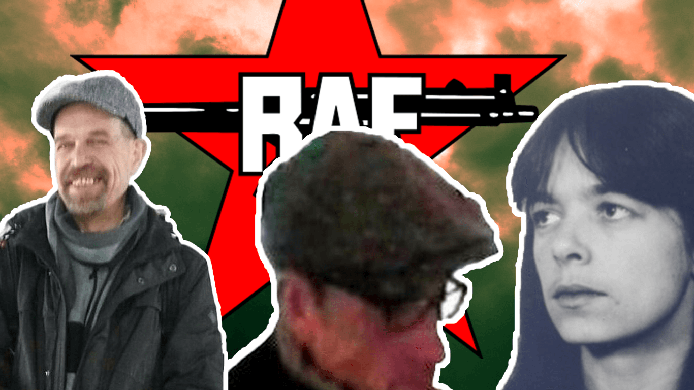 Die drei mutmaßlichen RAF-Terrorristen vor einem RAF-Logo