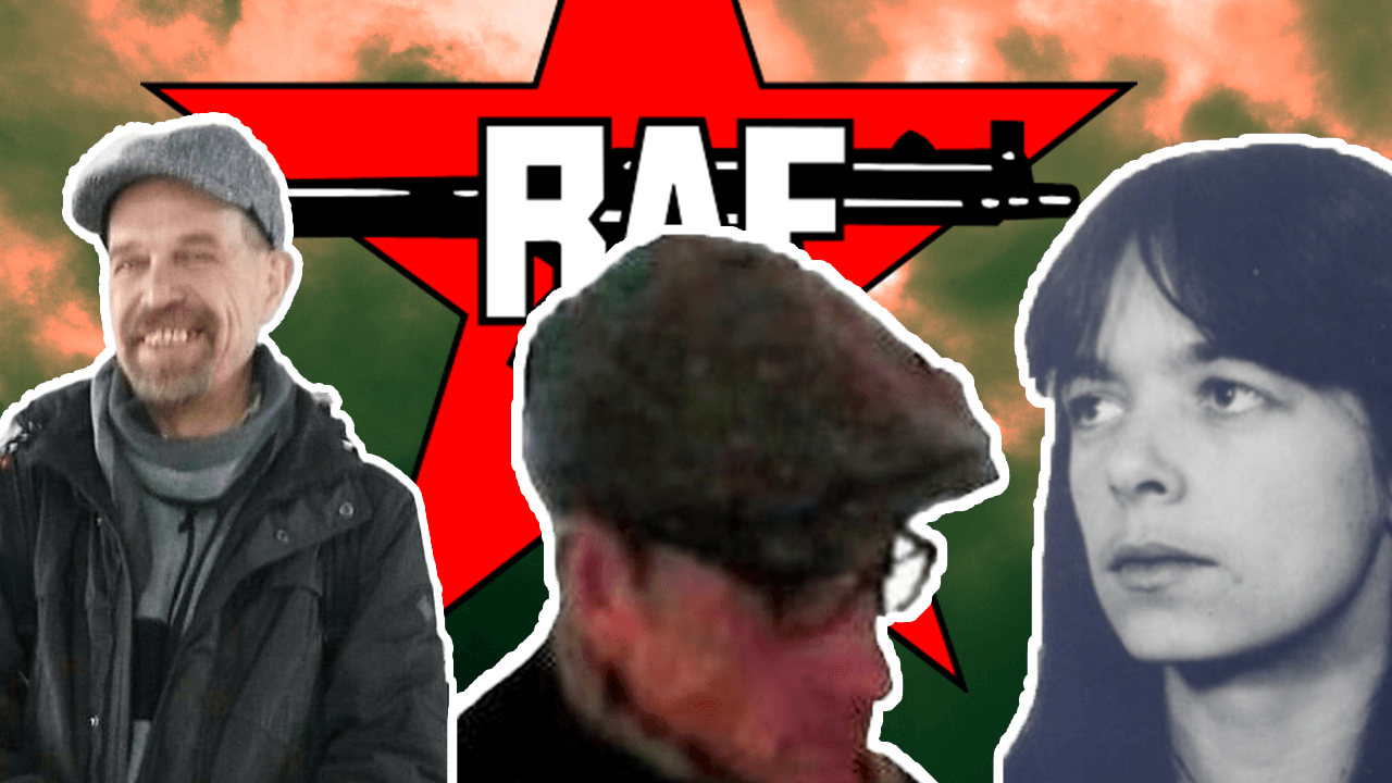 Die drei mutmaßlichen RAF-Terrorristen vor einem RAF-Logo